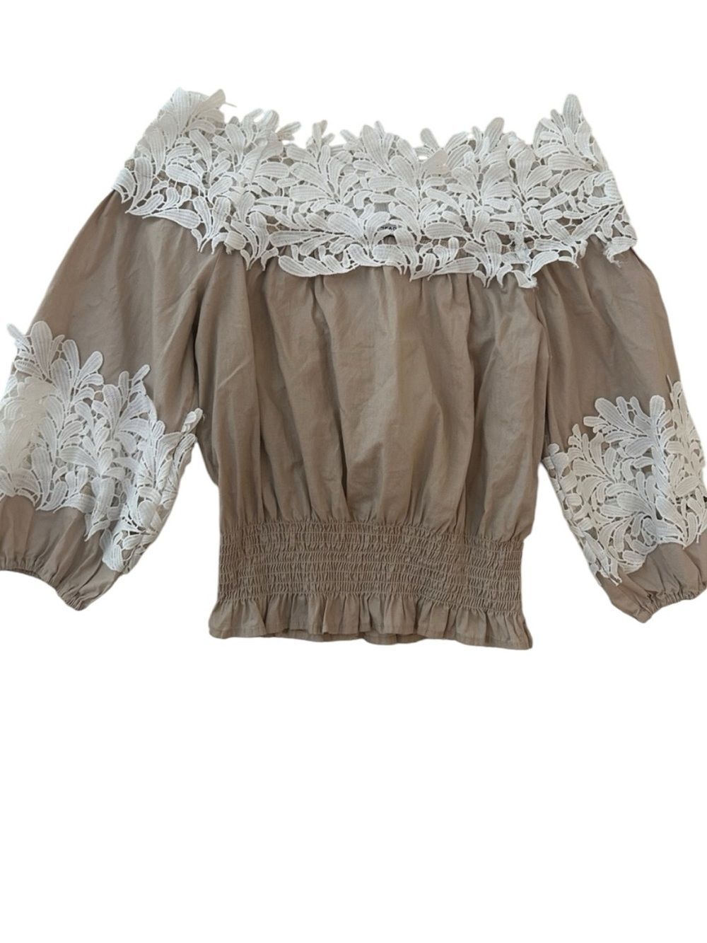 Silvian Heach Off-Shoulder Taupe Top with White Lace Trim XS